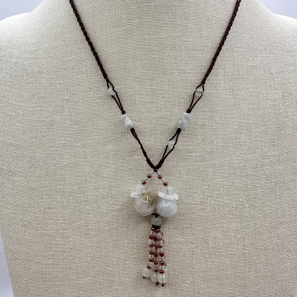 Vintage 90s Brown Cord Necklace Double Money Bag Glass Tassel Pendant Jewelry